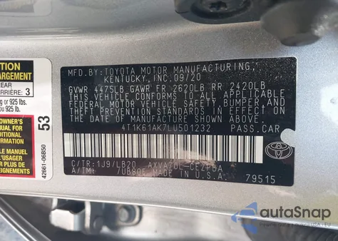 2020 Toyota Camry Xse z USA, uszkodzony, nr VIN 4T1K61AK7LU501232